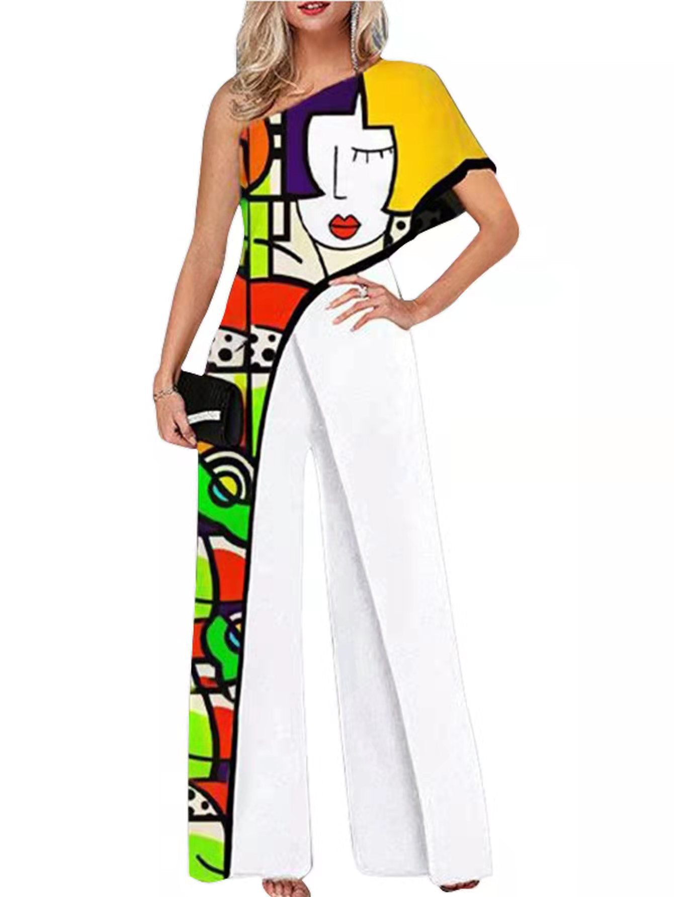 Off Shoulder Printed Casual Wide Leg Pants
