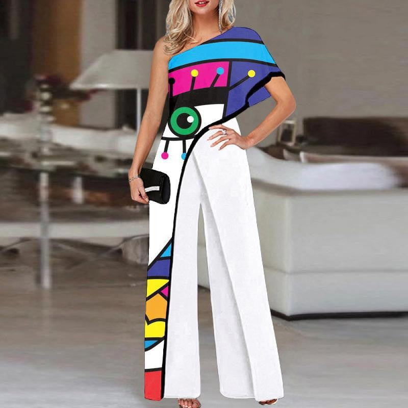 Off Shoulder Printed Casual Wide Leg Pants