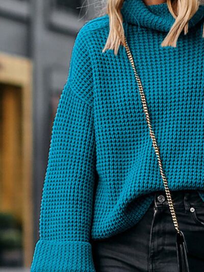 Waffle-Knit Turtleneck Round Neck Sweater