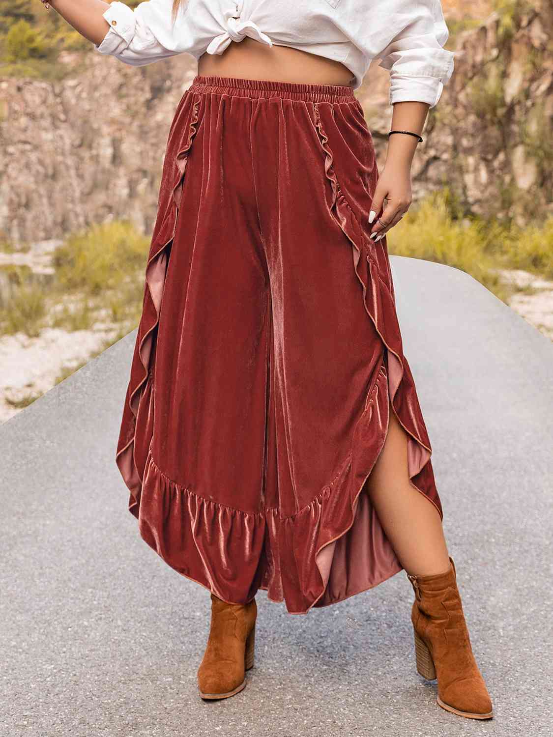 Plus Size Ruffled Slit Pants