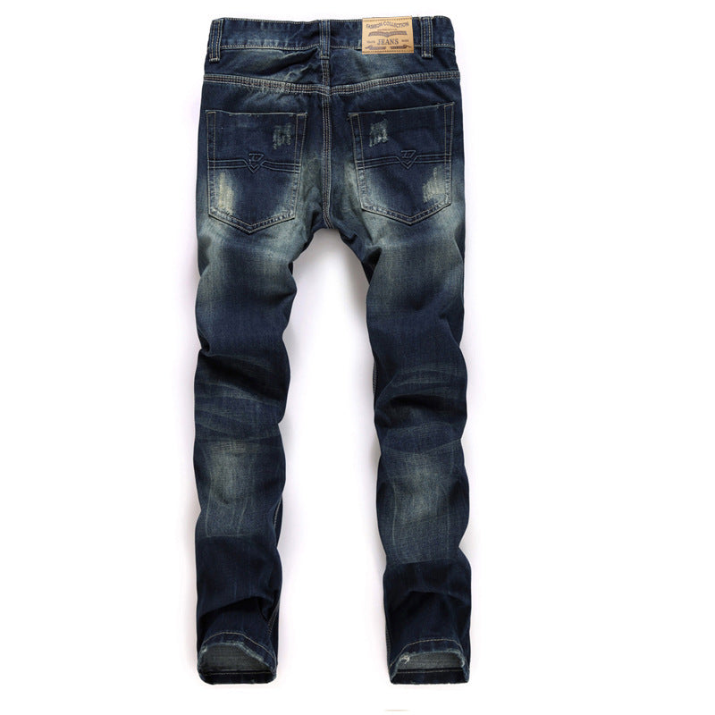 Men's Ripped Straight Leg Trousers European American Retro Washed Jeans