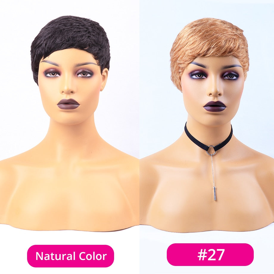 Short Pixie Cut Wig Remy Full Machine Wig Brazilian Human Hair Wigs For Woman Short Finger Wave Wig Full Human Hair Nature Wigs - 4KsApparels