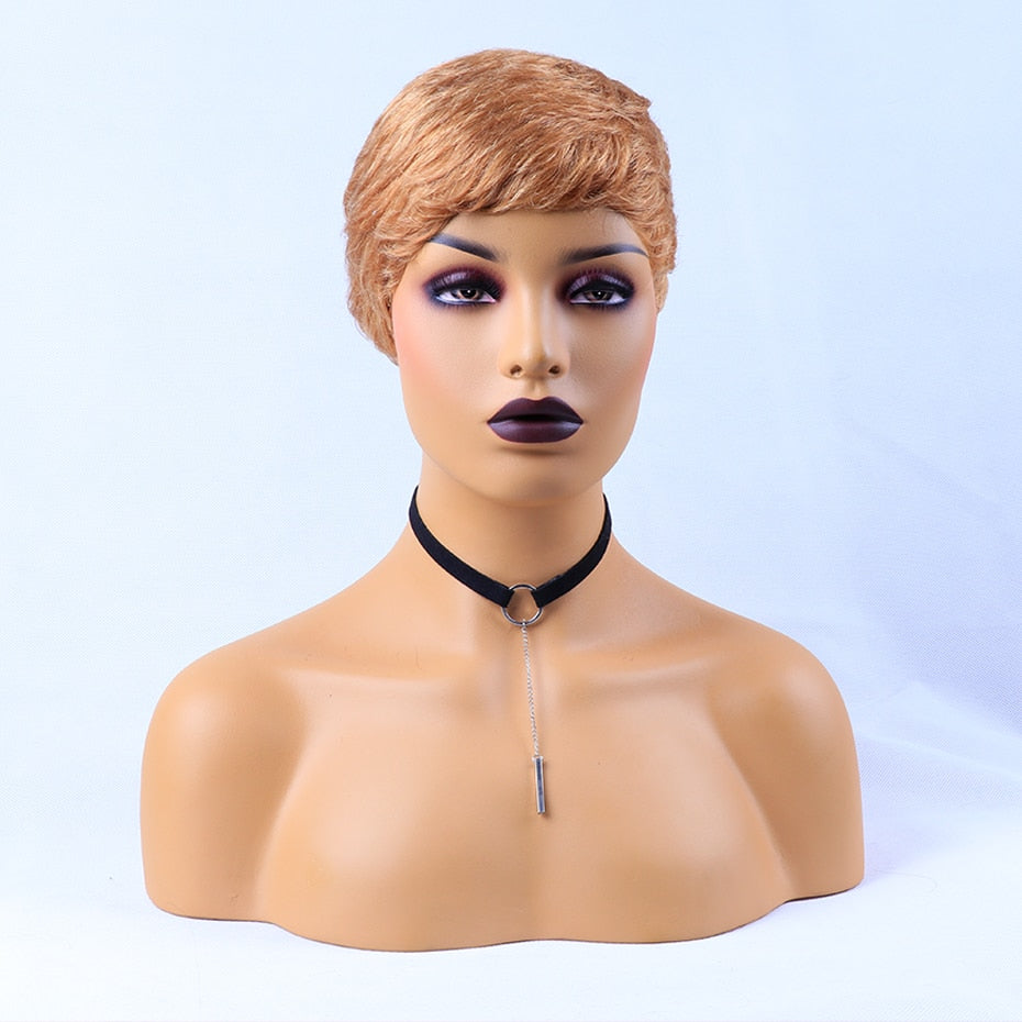 Short Pixie Cut Wig Remy Full Machine Wig Brazilian Human Hair Wigs For Woman Short Finger Wave Wig Full Human Hair Nature Wigs - 4KsApparels