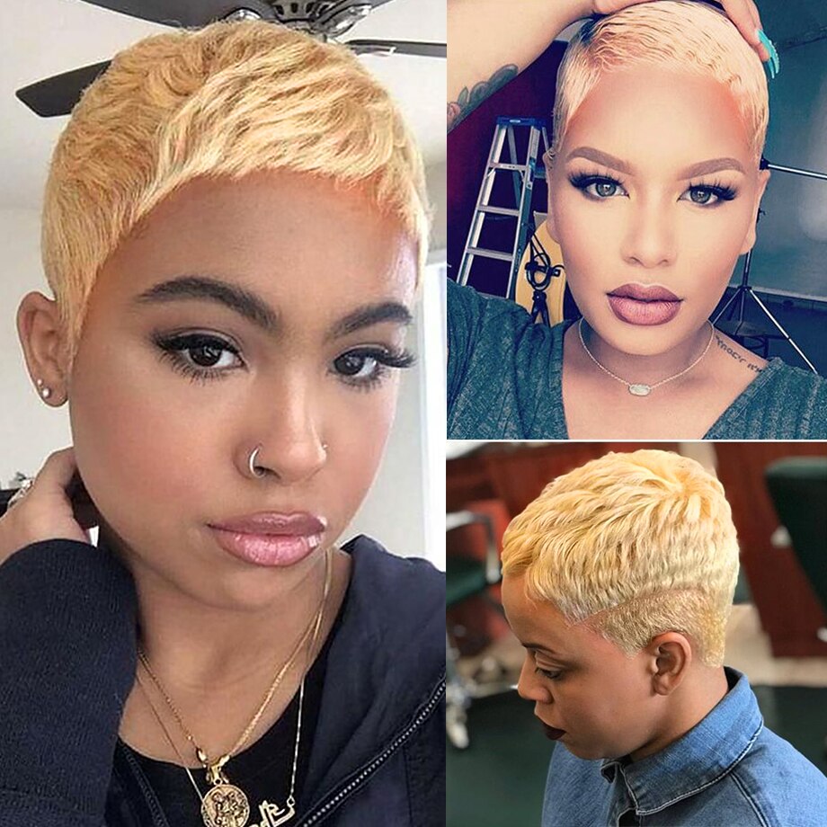 Short Pixie Cut Wig Remy Full Machine Wig Brazilian Human Hair Wigs For Woman Short Finger Wave Wig Full Human Hair Nature Wigs - 4KsApparels