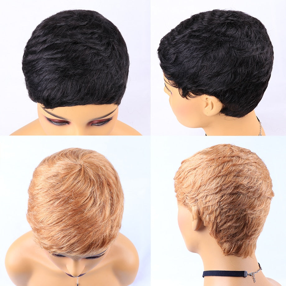 Short Pixie Cut Wig Remy Full Machine Wig Brazilian Human Hair Wigs For Woman Short Finger Wave Wig Full Human Hair Nature Wigs - 4KsApparels
