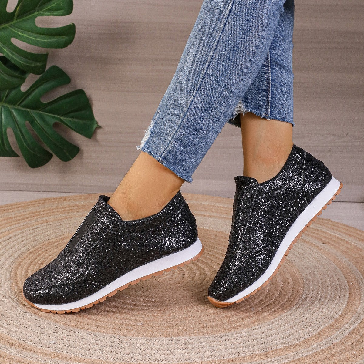 Gold Sliver Sequined Flats New Fashion Casual Round Toe Slip-on Shoes Women Outdoor Casual Walking Running Shoes