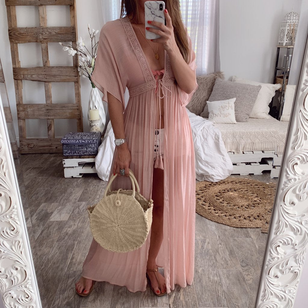 Lace cardigan solid color dress maxi