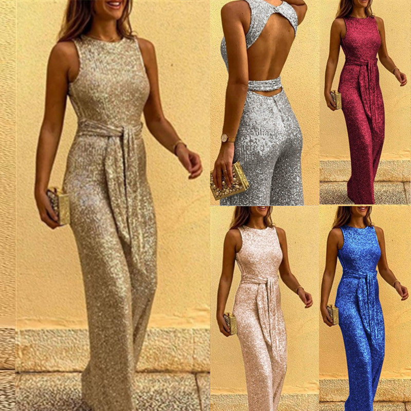 Sleeveless sexy sequined silver dot jumpsuit