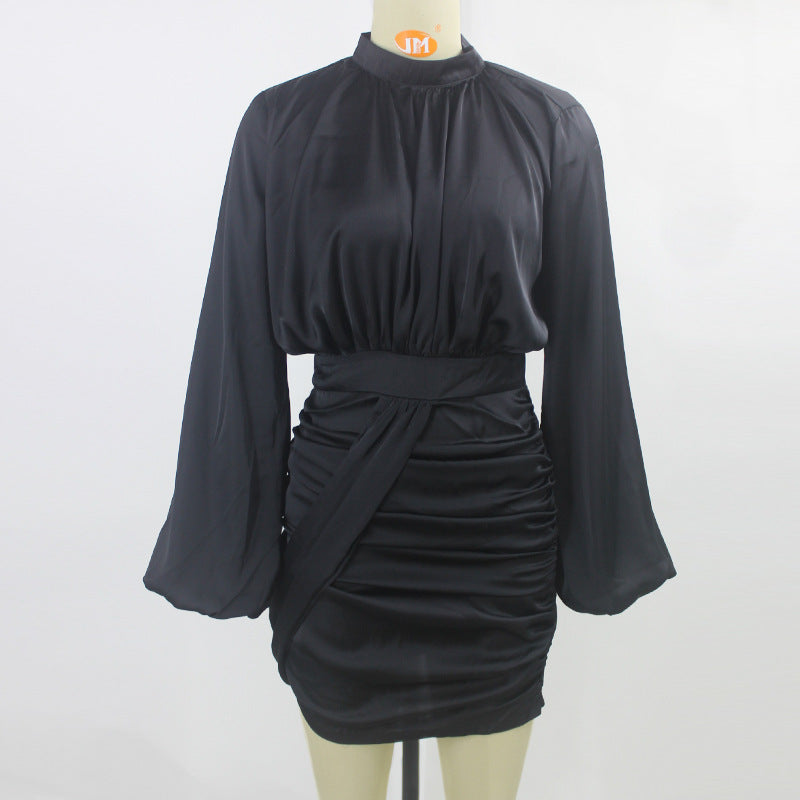 High neck lantern sleeve pleated dress