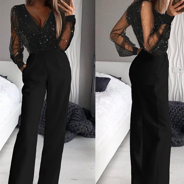 Trendy Shiny Mesh Dusting Powder Stitching High-end Elegant Jumpsuit