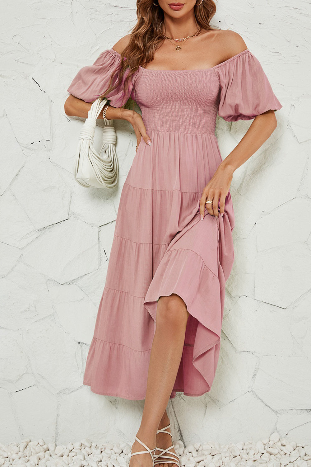 Smocked Square Neck Puff Sleeve Dress