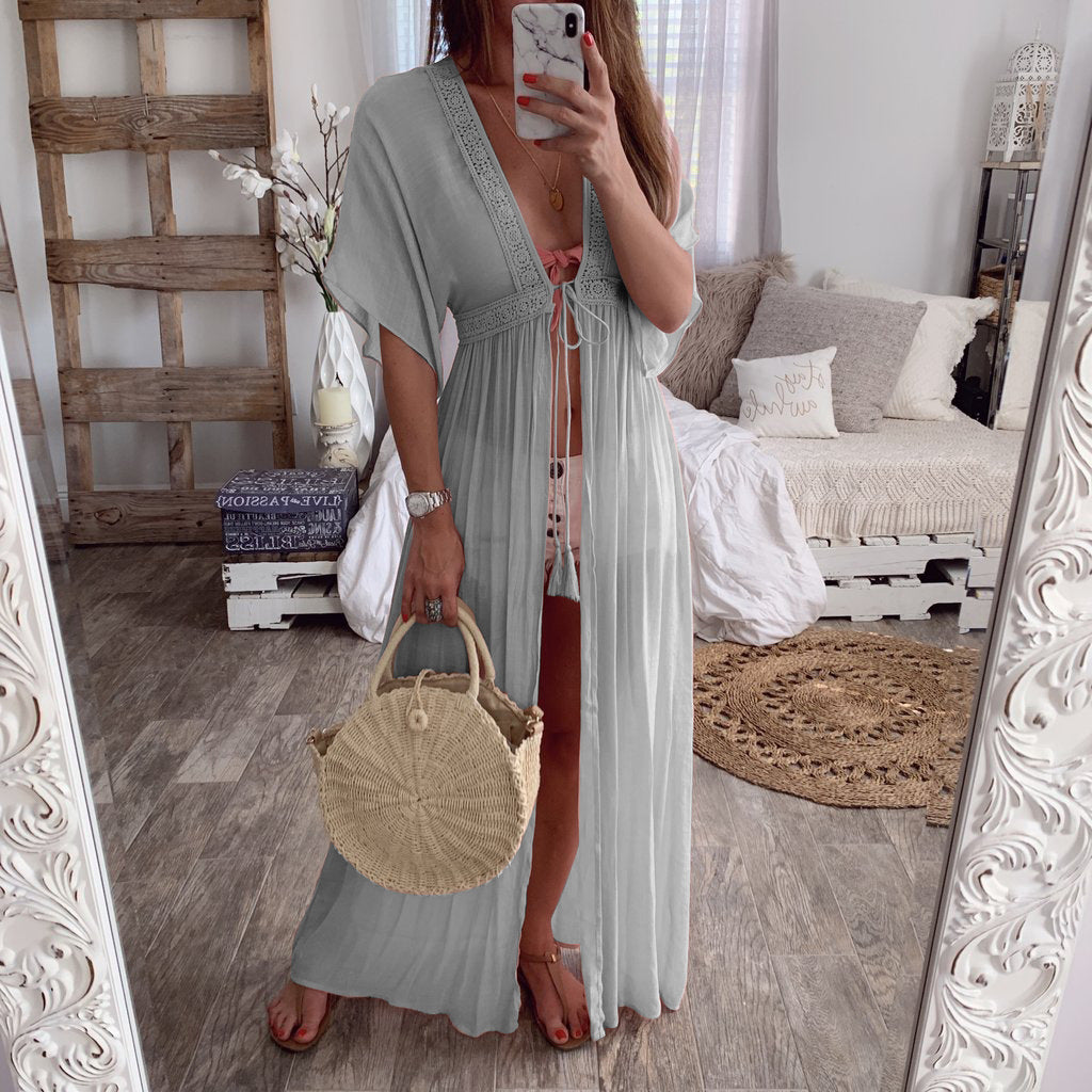 Lace cardigan solid color dress maxi