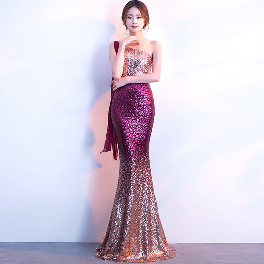 One Shoulder Fishtail Sequin Slim Fit Evening Dress