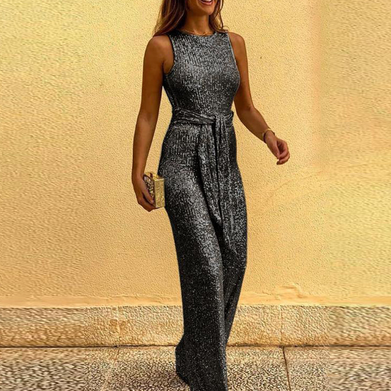 Sleeveless sequined silver jumpsuit