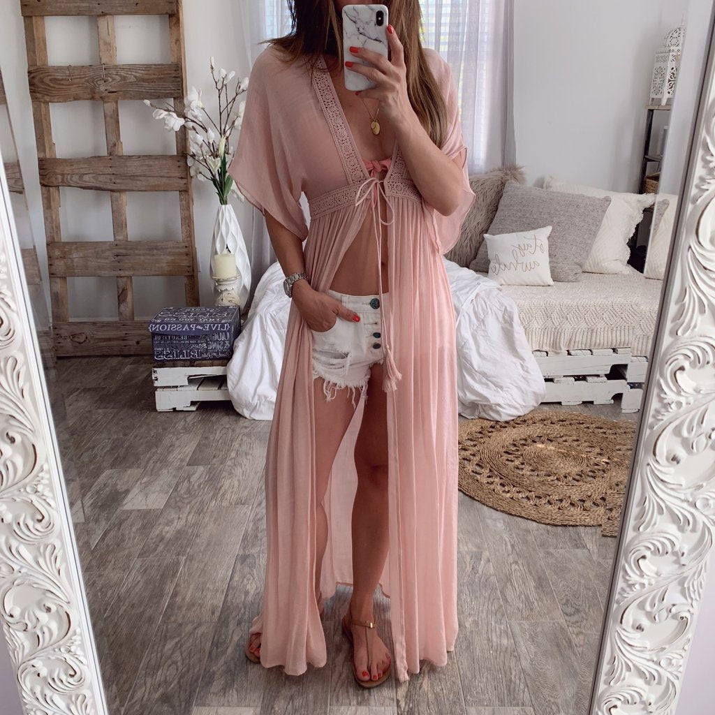 Lace cardigan solid color dress maxi