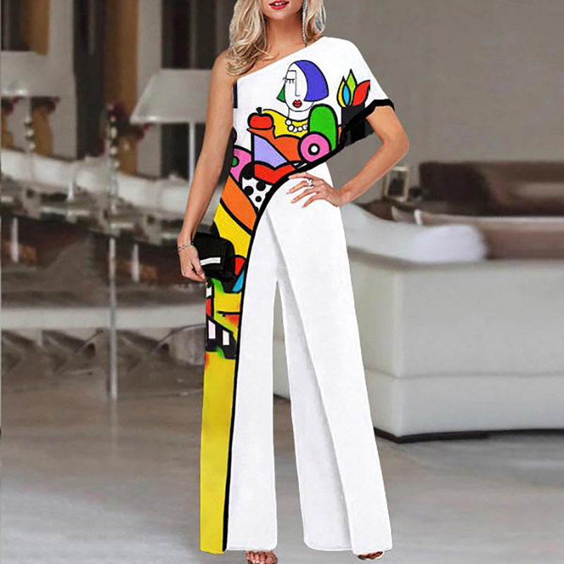 Printed Diagonal Shoulder Jumpsuit Wide-leg Pants