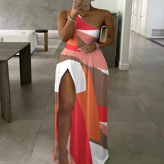 Colorblock OneShoulder High Slit Maxi Dress