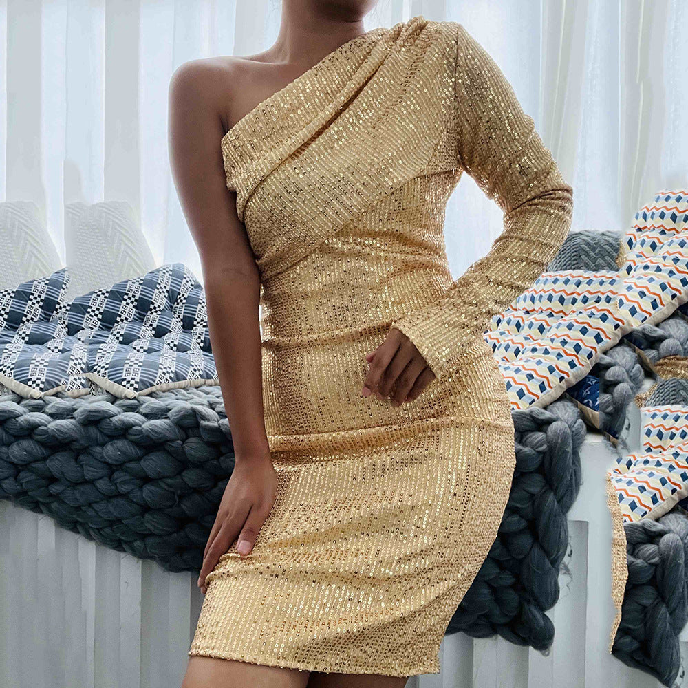 Women's Fashion Sequined One Shoulder Strap Collar Wrap Dress