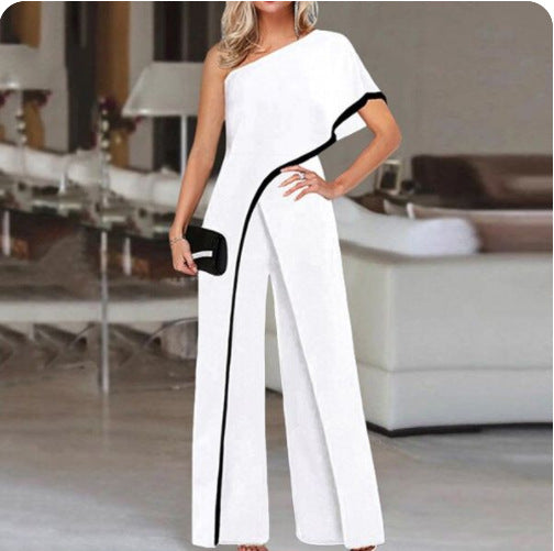 Printed Diagonal Shoulder Jumpsuit Wide-leg Pants