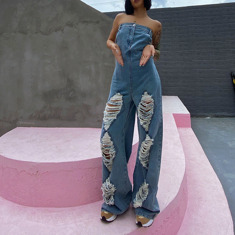 Ripped High-waisted Straight Wide-leg Denim Jumpsuit