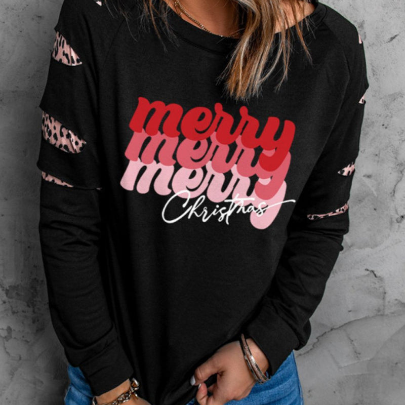 Black Merry Christmas Leopard Print Twill Sleeve Pattern Printed Sweatshirt Long Sleeve Crew Neck Sweater Women