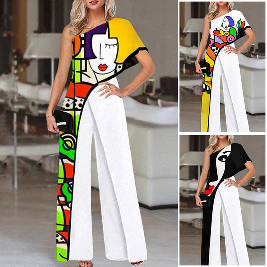 Printed Diagonal Shoulder Jumpsuit Wide-leg Pants