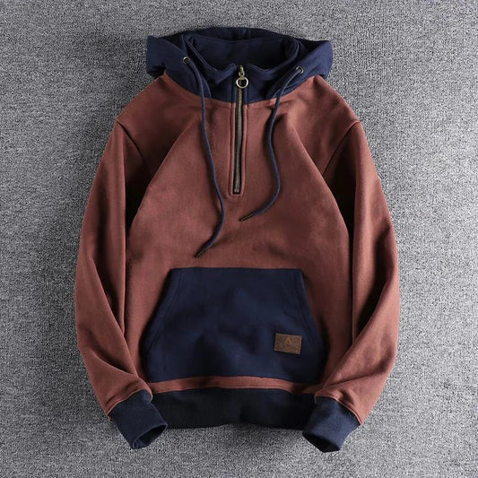 Trendy Autumn And Winter Fleece-lined Thickened Hooded Sweatshirt Men's Retro Trendy Contrast Color New Youth Stand Collar