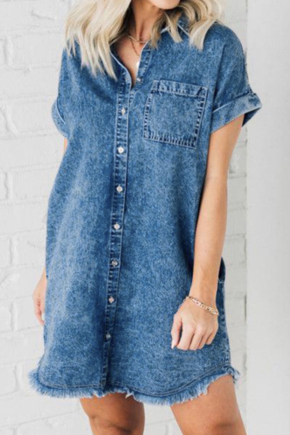 Raw Hem Pocketed Cap Sleeve Denim Dress