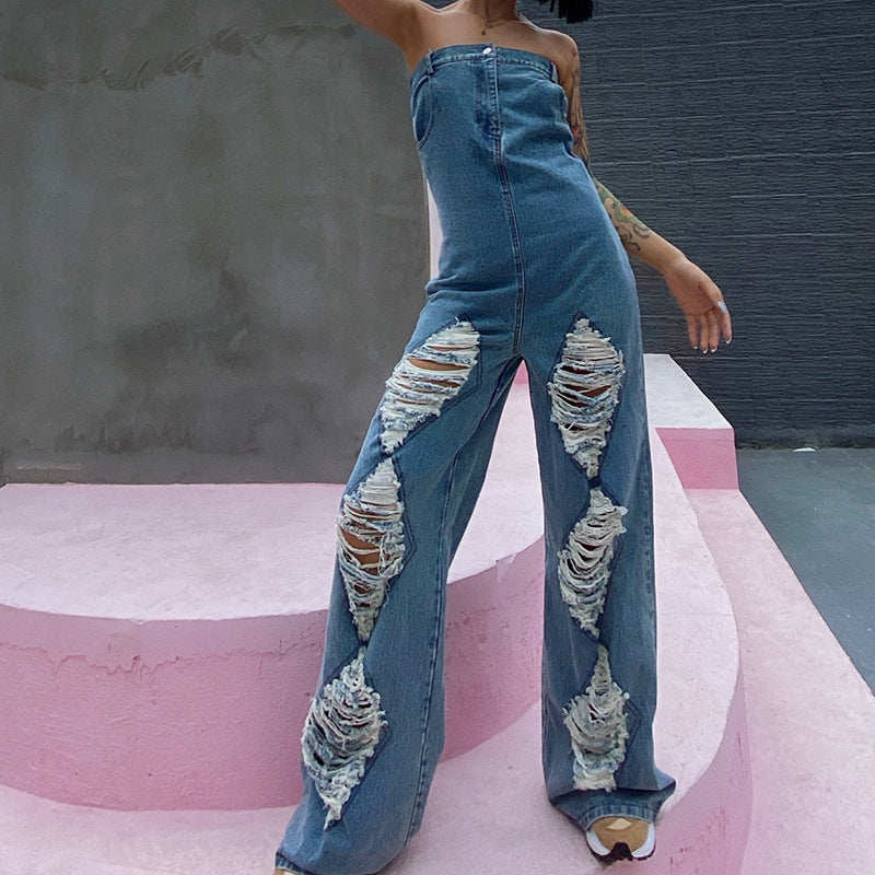 Ripped High-waisted Straight Wide-leg Denim Jumpsuit