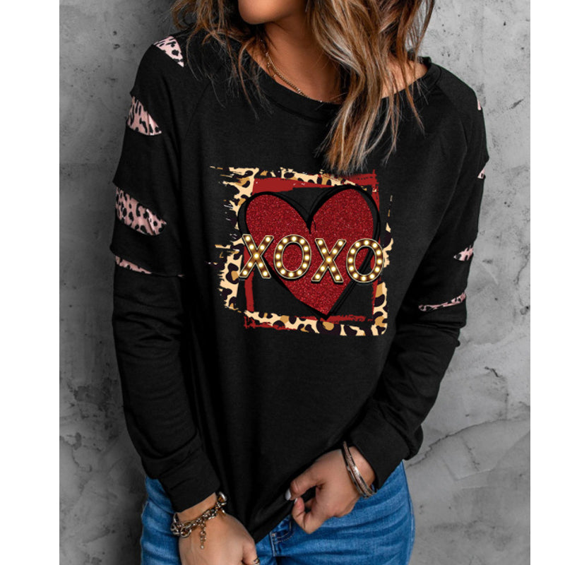 Black Merry Christmas Leopard Print Twill Sleeve Pattern Printed Sweatshirt Long Sleeve Crew Neck Sweater Women