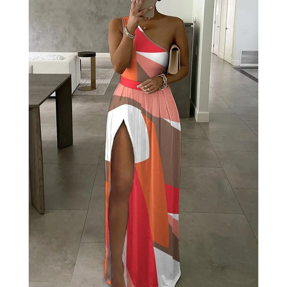 Colorblock OneShoulder High Slit Maxi Dress