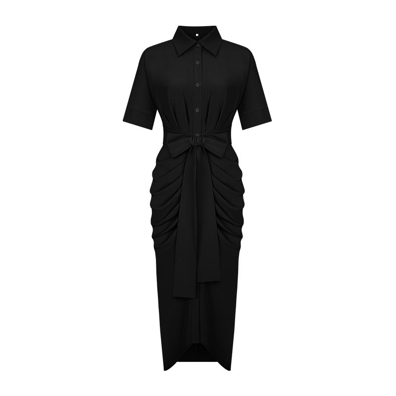 Women's Dress New Polo Collar Elegant Mid-length Short Sleeve Single-breasted High Waist Shirt Dress