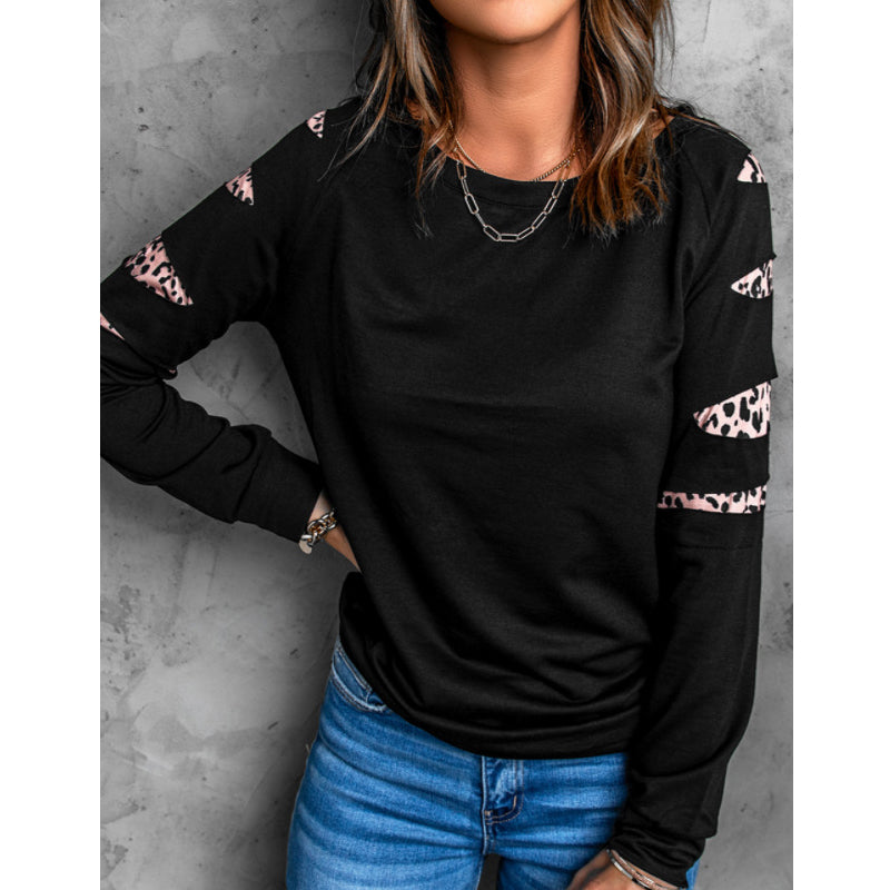 Black Merry Christmas Leopard Print Twill Sleeve Pattern Printed Sweatshirt Long Sleeve Crew Neck Sweater Women