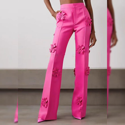 Fashion Heavy Industry Three-dimensional Flower Decoration Micro La Trousers Suit Pants