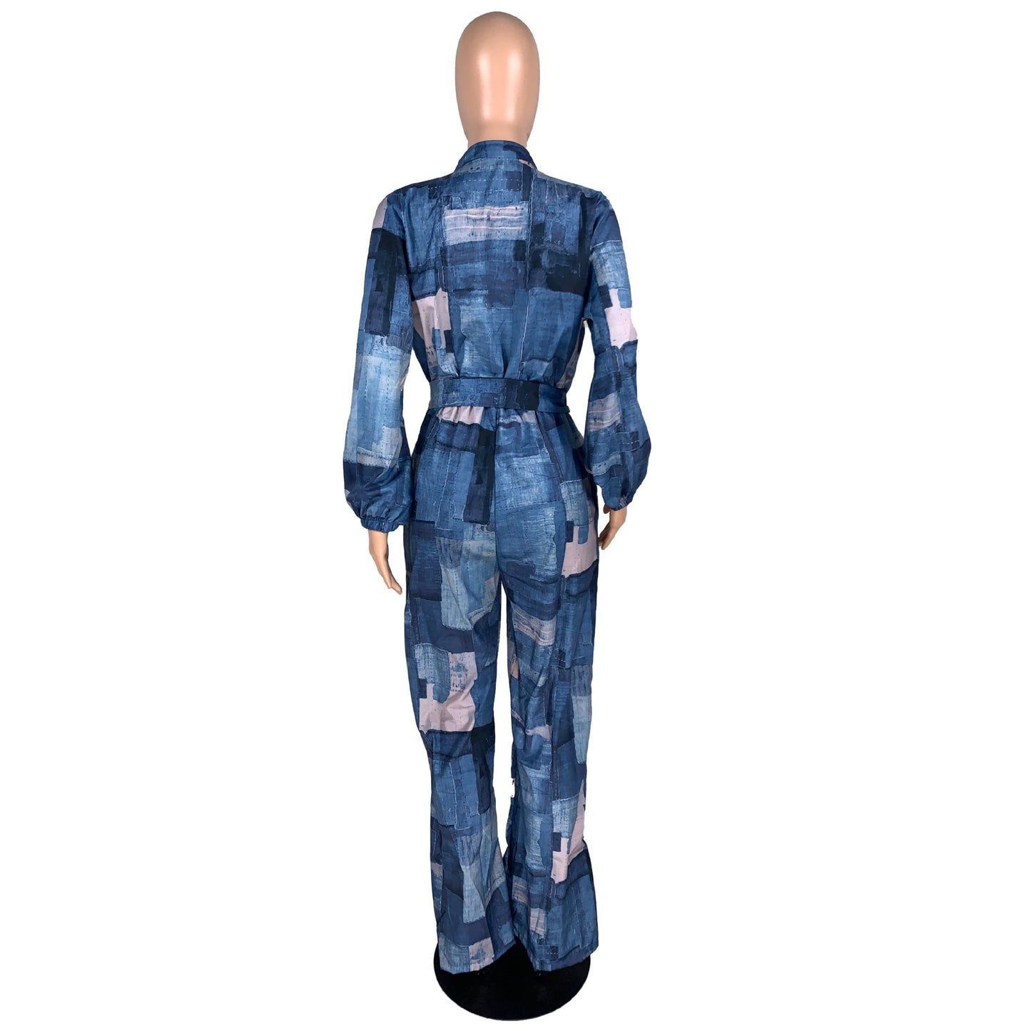 Faux Denim Print Loose Belt Wide-Leg Loose Jumpsuit