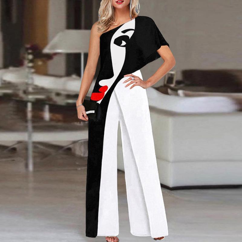 Printed Diagonal Shoulder Jumpsuit Wide-leg Pants