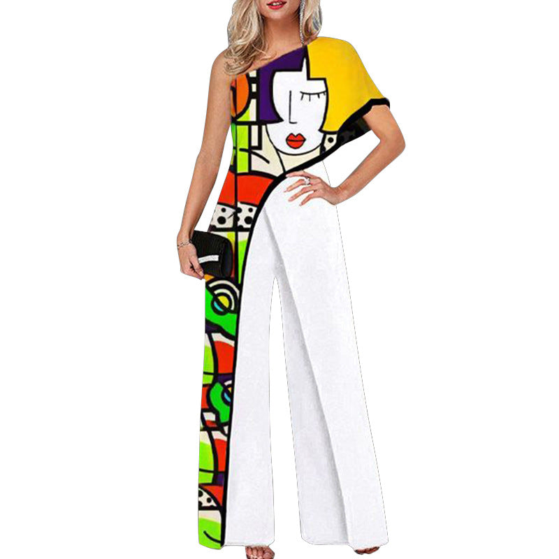 Printed Diagonal Shoulder Jumpsuit Wide-leg Pants