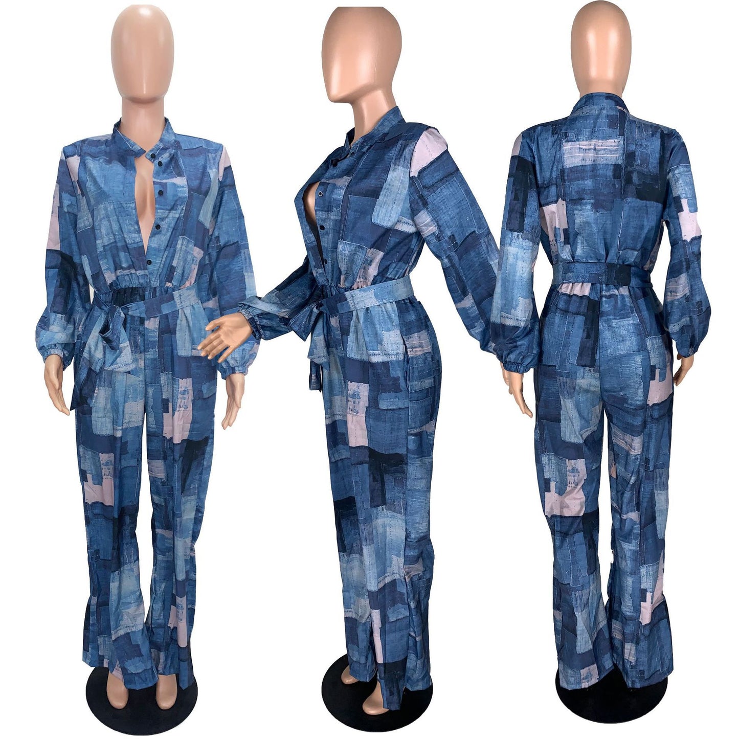 Faux Denim Print Loose Belt Wide-Leg Loose Jumpsuit