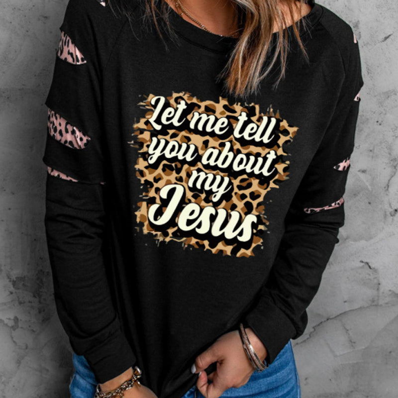 Black Merry Christmas Leopard Print Twill Sleeve Pattern Printed Sweatshirt Long Sleeve Crew Neck Sweater Women