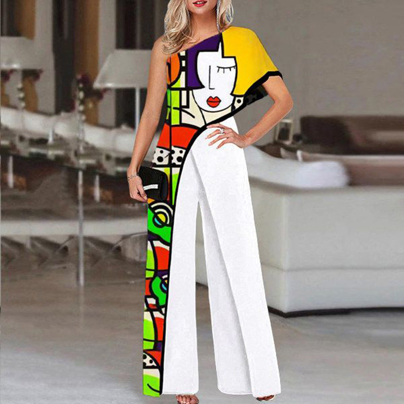 Printed Diagonal Shoulder Jumpsuit Wide-leg Pants