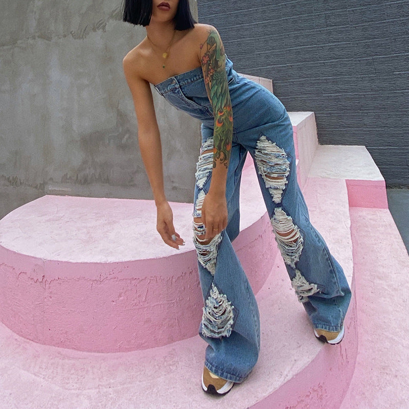 Ripped High-waisted Straight Wide-leg Denim Jumpsuit