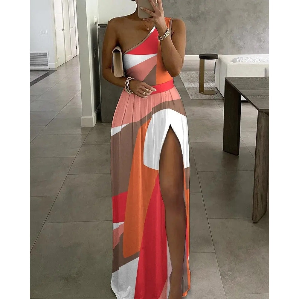 Colorblock OneShoulder High Slit Maxi Dress