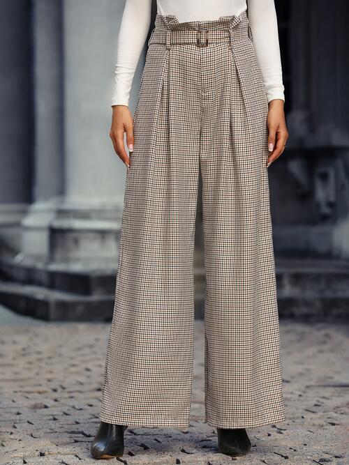 Plaid Wide Leg Pants With Belt