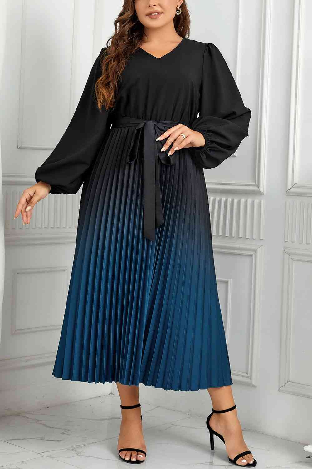 Plus Size V-Neck Long Sleeve Pleated Tie Waist Midi Dress