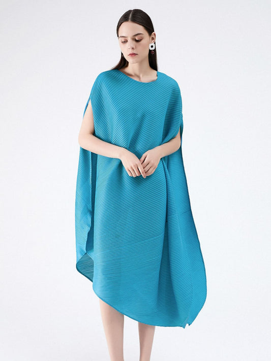 Accordion Pleated Round Neck Asymmetrical Hem Dress