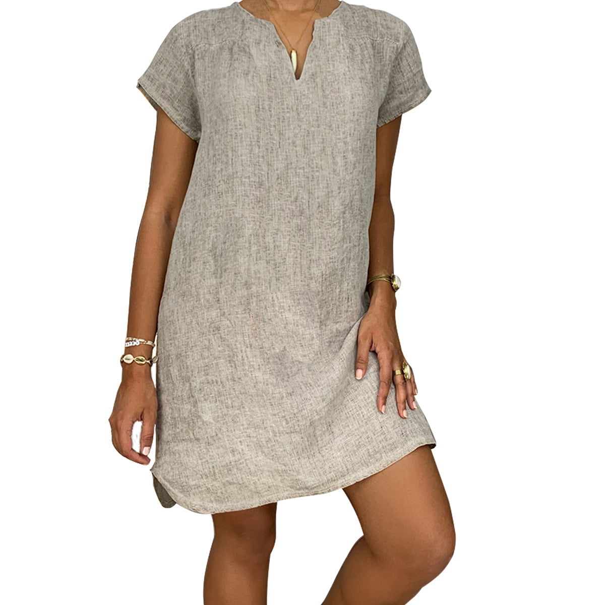 Summer Loose Solid Color Short-sleeved Collar Cotton And Linen Pullover Dress Women's Clothing