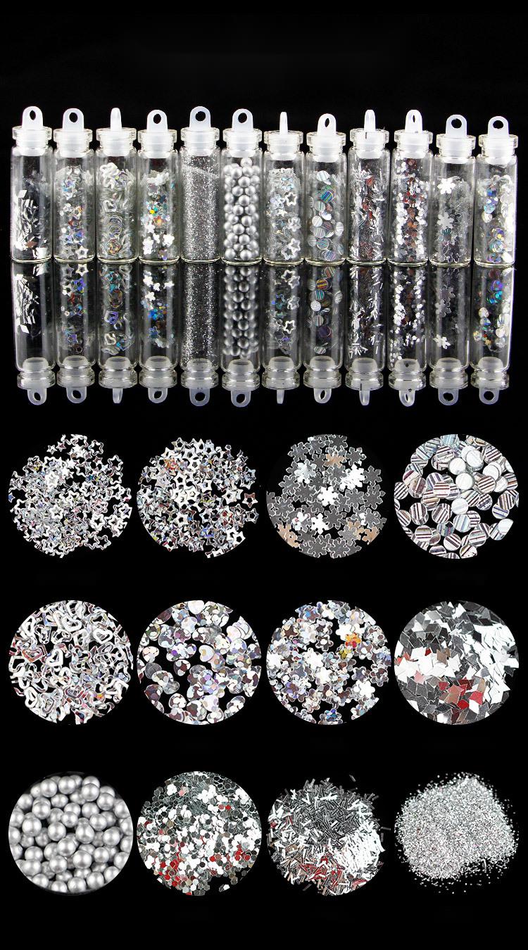 12 Glass Bottle Set Beauty Makeup Manicure Sequins