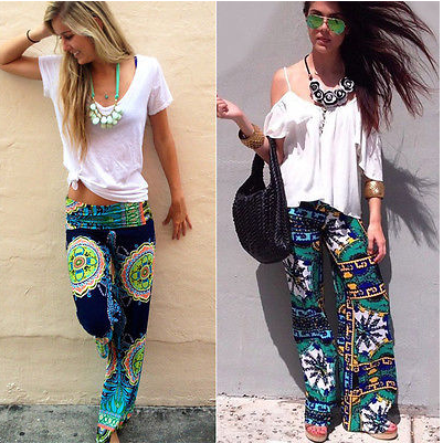 Women Floral Casual Wide Leg Long Harem Pants High Waist Loose Elastic Waist Palazzo Trousers Plus Size New Beach Pants