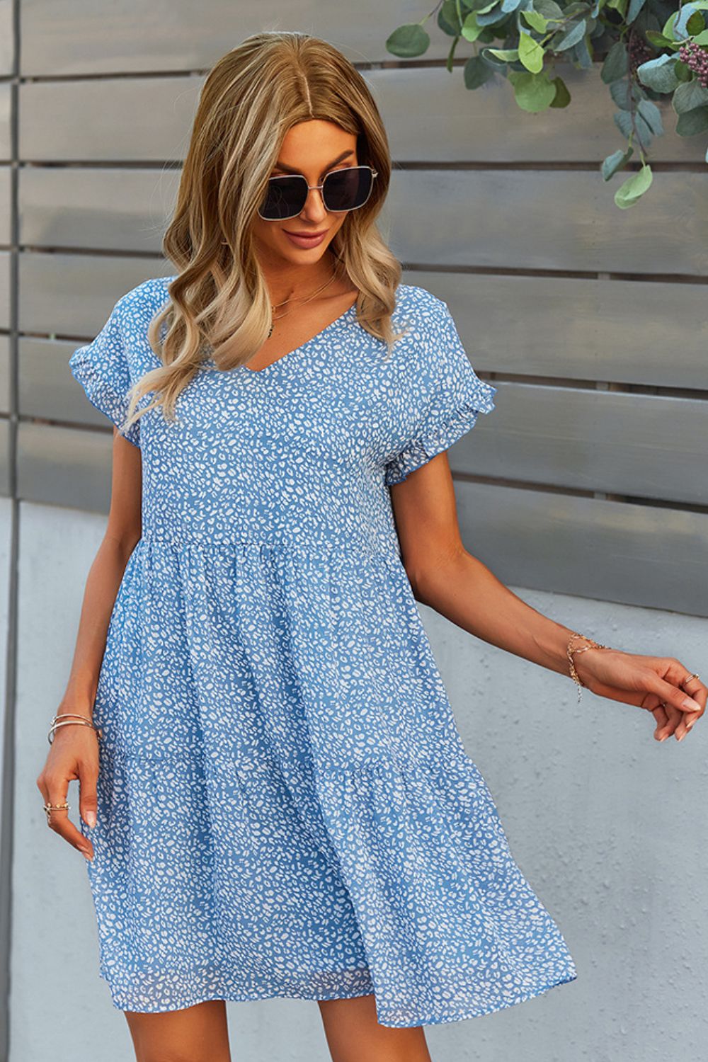 Printed V-Neck Short Sleeve Tiered Dress