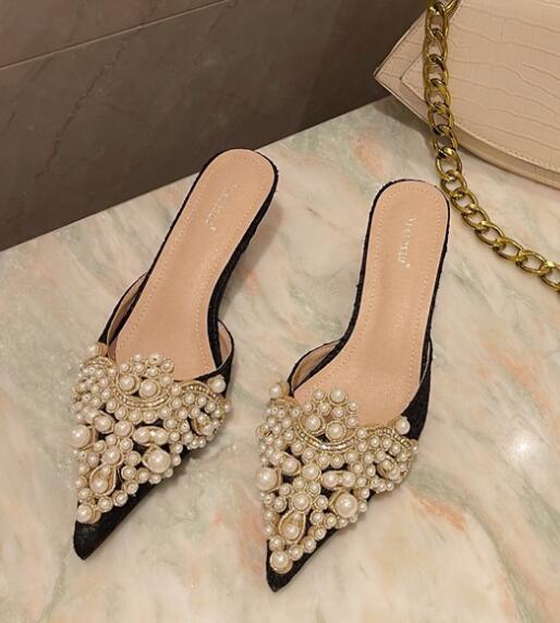 Beaded Pearl Lace Pointed Toe Stiletto Heel